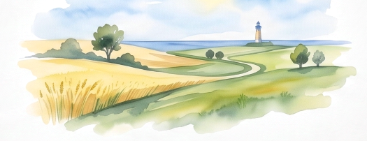 Akvarellillustration av ett skånskt landskap med sädesfält, grönska och en fyr vid havet